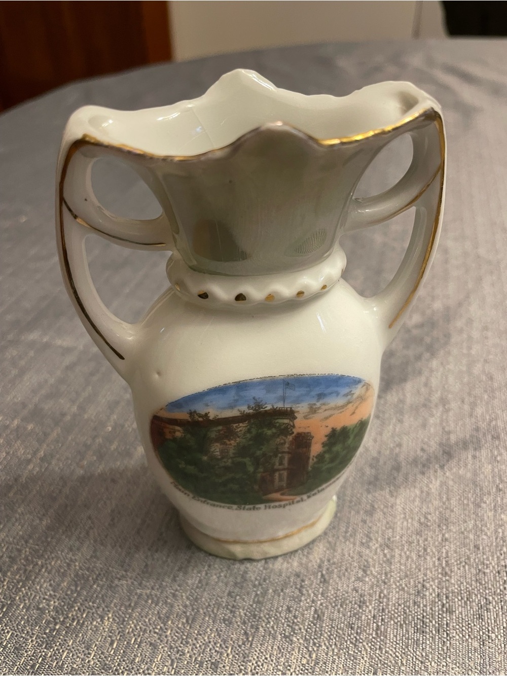 Vintage Porcelain Miniature Vase with Scenic Transfer Gold Trim Made In Germany